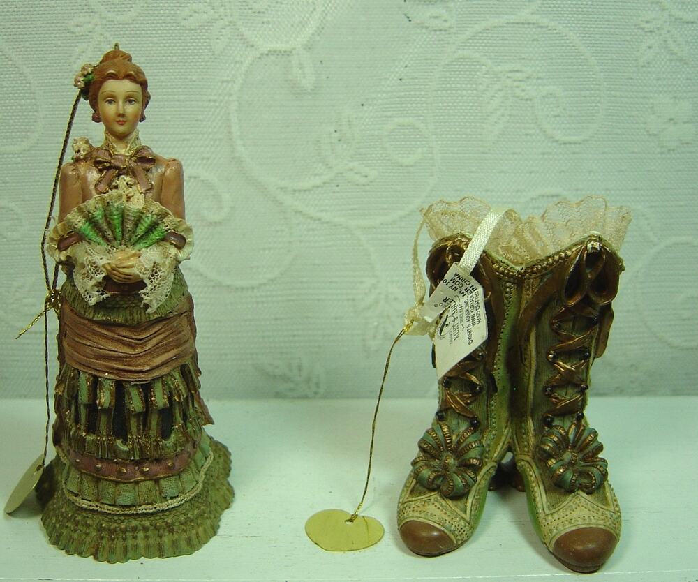 2 LOUIS NICHOLE VICTORIAN ORNAMENTS-RESIN & LACE-LADY & HIGH TOP SHOES-ADLER
